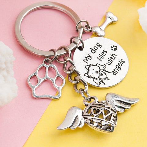 Memorial Dog Keychain, Dog Keychain, Memorial "Flying with Angels" keychain, Silver Dog Keychain with charms