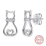 Sterling Silver Cat Stud Earrings with Sparkling Cubic Zirconia Collar