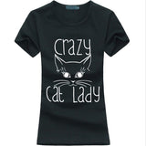 Black Crazy Cat Lady t-shirt, women’s t-shirt, black round-neck short sleeve t-shirt, women’s round-neck black t-shirt, women’s black round-neck short sleeve t-shirt, Women's black Fashion t-shirt