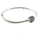 Sparkling CZ Barrel Sterling Silver Snake Chain Bracelet