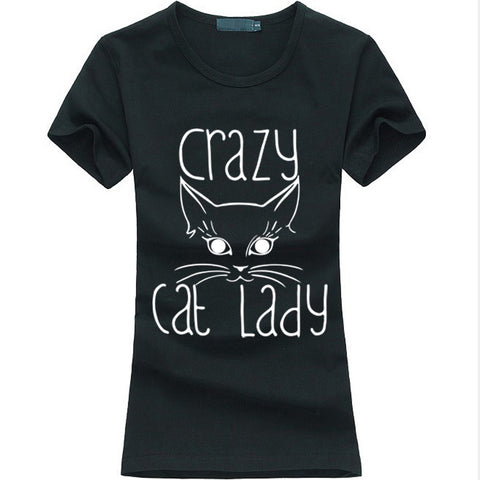 Black Crazy Cat Lady t-shirt, women’s t-shirt, black round-neck short sleeve t-shirt, women’s round-neck black t-shirt, women’s black round-neck short sleeve t-shirt, Women's black Fashion t-shirt