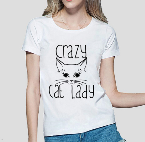 White Crazy Cat Lady t-shirt, women’s t-shirt, white round-neck short sleeve t-shirt, women’s round-neck white t-shirt, women’s white round-neck short sleeve t-shirt, Women's white Fashion t-shirt