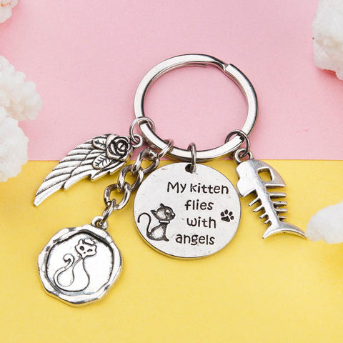 Memorial Cat Keychain, Cat Keychain, Memorial "Flying with Angels" keychain, Silver Cat Keychain with charms