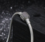 Sparkling CZ Barrel Sterling Silver Snake Chain Bracelet
